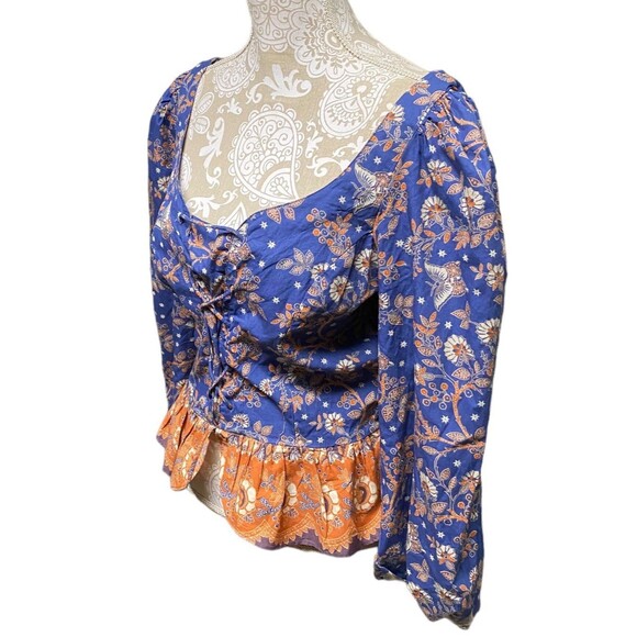 House of Harlow 1960 Medium M Peplum Balloon Sleeve Lace Up Bohemian Blouse - Picture 4 of 10